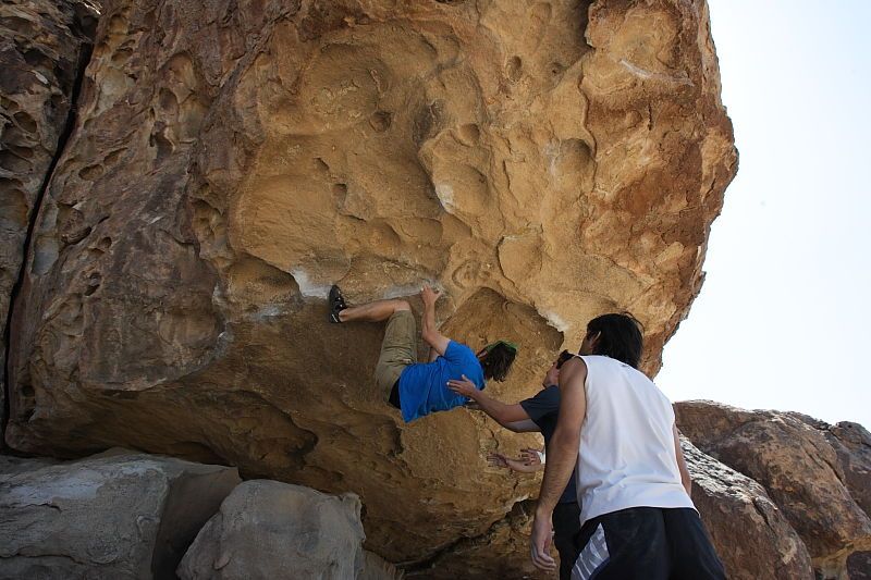 Steve Marek rock climbing in Hueco Tanks State Park and Historic Site during the Hueco Tanks Awesome Fest 2010 trip, Sunday, May 23, 2010.

Filename: SRM_20100523_11575568.JPG
Aperture: f/8.0
Shutter Speed: 1/500
Body: Canon EOS-1D Mark II
Lens: Canon EF 16-35mm f/2.8 L