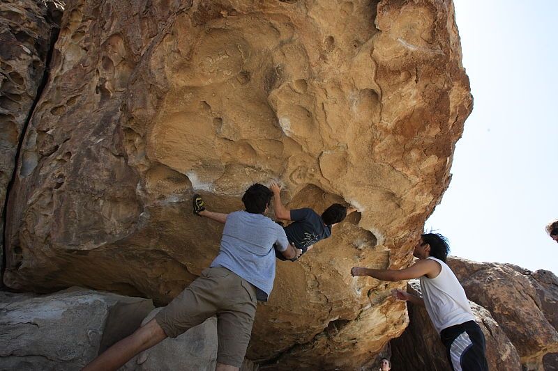 Raanan Robertson rock climbing in Hueco Tanks State Park and Historic Site during the Hueco Tanks Awesome Fest 2010 trip, Sunday, May 23, 2010.
Filename: SRM_20100523_12205388.JPG
Aperture: f/8.0
Shutter Speed: 1/500
Body: Canon EOS-1D Mark II
Lens: Canon EF 16-35mm f/2.8 L