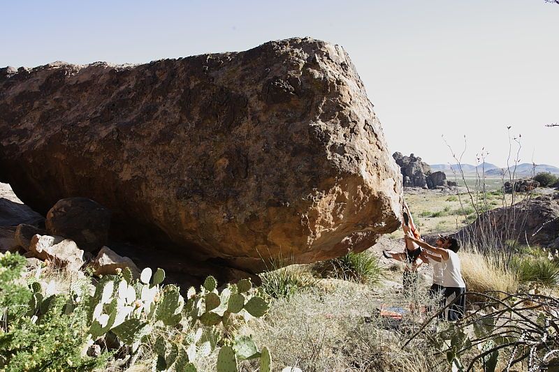 Sarah Williams rock climbing on No One Gets Out of Here Alive (V2) in Hueco Tanks State Park and Historic Site during the Hueco Tanks Awesome Fest 2010 trip, Sunday, May 23, 2010.
Filename: SRM_20100523_18361166.JPG
Aperture: f/8.0
Shutter Speed: 1/200
Body: Canon EOS-1D Mark II
Lens: Canon EF 16-35mm f/2.8 L