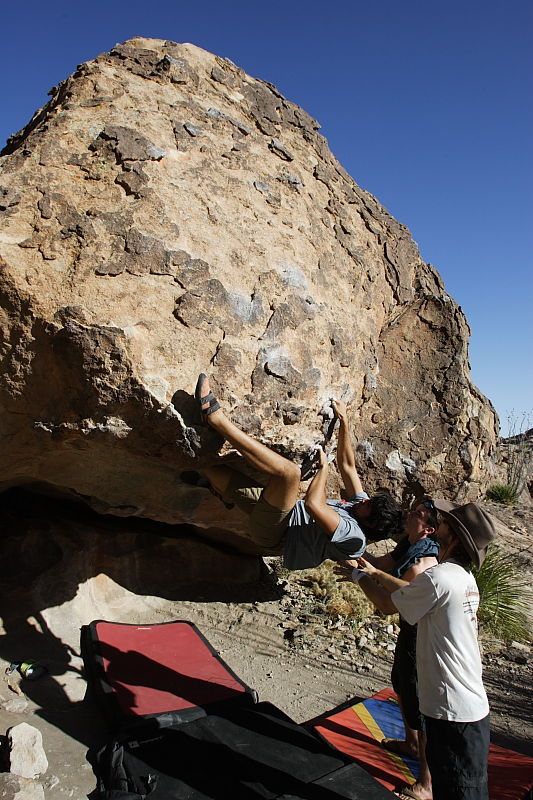 Cayce Wilson rock climbing on No One Gets Out of Here Alive (V2) in Hueco Tanks State Park and Historic Site during the Hueco Tanks Awesome Fest 2010 trip, Sunday, May 23, 2010.
Filename: SRM_20100523_18452798.JPG
Aperture: f/8.0
Shutter Speed: 1/1250
Body: Canon EOS-1D Mark II
Lens: Canon EF 16-35mm f/2.8 L