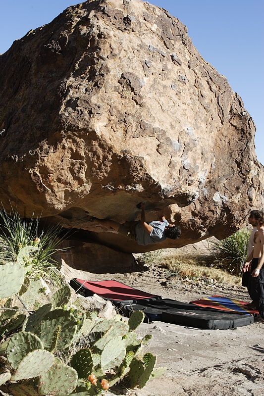 Cayce Wilson rock climbing on No One Gets Out of Here Alive (V2) in Hueco Tanks State Park and Historic Site during the Hueco Tanks Awesome Fest 2010 trip, Sunday, May 23, 2010.
Filename: SRM_20100523_18552632.JPG
Aperture: f/8.0
Shutter Speed: 1/800
Body: Canon EOS-1D Mark II
Lens: Canon EF 16-35mm f/2.8 L