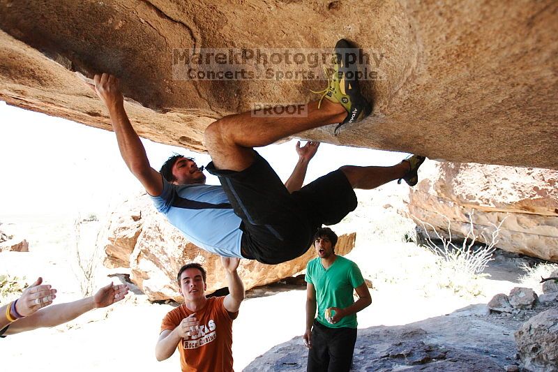Javier Morales rock climbing on Mexican Chicken (V6) in Hueco Tanks State Park and Historic Site during the Hueco Tanks Awesome Fest 2010 trip, Monday, May 24, 2010.
Filename: SRM_20100524_12145317.JPG
Aperture: f/4.0
Shutter Speed: 1/2000
Body: Canon EOS-1D Mark II
Lens: Canon EF 16-35mm f/2.8 L