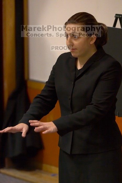 Jill Collum practicing her informative speech on massive hurricane prevention, using a tropical-storm generator. The University of Texas' Speech Team will compete in the American Forensic Association’s National Individual Events Tournament (AFA NIET) in Gainesville, Florida, March 30 through April 4.
Filename: SRM_20060325_125600_5.jpg
Aperture: f/3.2
Shutter Speed: 1/100
Body: Canon EOS 20D
Lens: Canon EF 80-200mm f/2.8 L