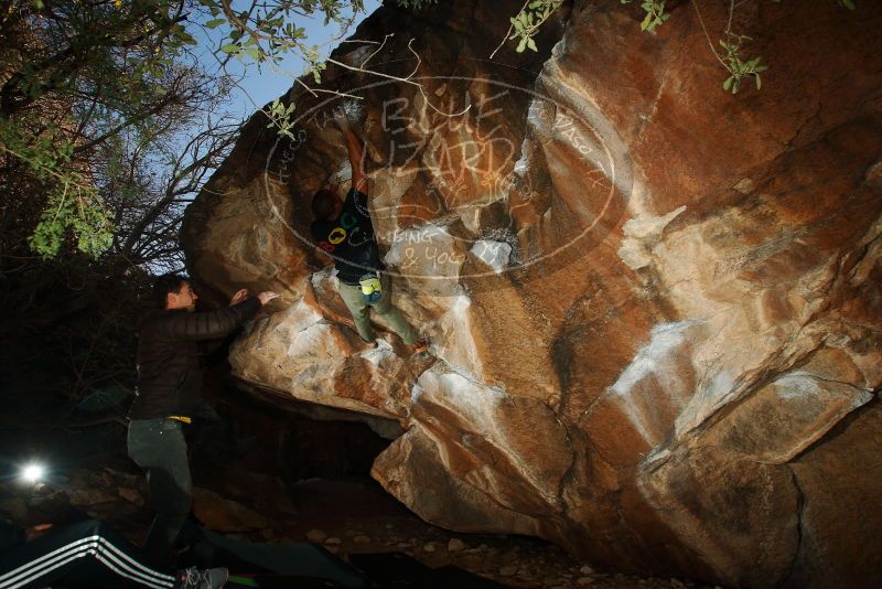Bouldering in Hueco Tanks on 12/02/2018 with Blue Lizard Climbing and Yoga
Filename: SRM_20181202_1613350.jpg
Aperture: f/7.1
Shutter Speed: 1/250
Body: Canon EOS-1D Mark II
Lens: Canon EF 16-35mm f/2.8 L